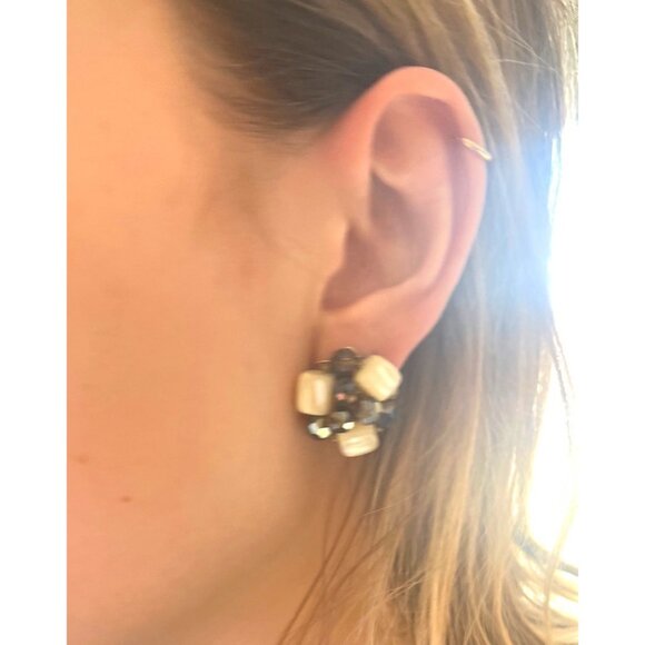 Vintage Clip-on Earrings AB MOP Haskell Era Filagree Back Smoky Quartz Look - Picture 6 of 16